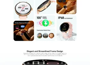 Description Kieslect Pura Lady Smart Watch Feature : 1.19″ Crystal-Clear AMOLED Display. Elegant and Streamlined Frame Design. Dual Strap. BT5.2 Calling. IP68 Waterproof. 100*+Sport Modes.