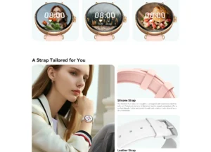 Description Kieslect Pura Lady Smart Watch Feature : 1.19″ Crystal-Clear AMOLED Display. Elegant and Streamlined Frame Design. Dual Strap. BT5.2 Calling. IP68 Waterproof. 100*+Sport Modes.